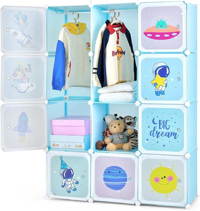 INFANS Children Wardrobe, Kid Closet Portable Baby Dresser Cute for Kids Bedroom Nursery Armoire with Doors 12 Cube 2 Hanging Sections, Kid Clothes Storage Organizer (Blue, 12 Cubes)