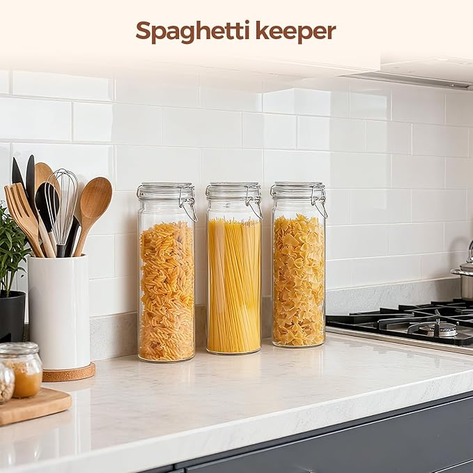 ComSaf Tall Glass Pasta Containers with Airtight Lids 68 oz 3 Pack Canister | Spaghetti linguine, Long pasta storage, Breadsticks, Vertical pantry organization, Cabinet organization, Dry food storage