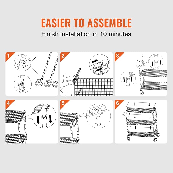 VEVOR Kitchen Utility Cart, 3 Tiers, Wire Rolling Table with 661 LBS Capacity, Steel Service Desk on Wheels, Metal Storage Trolley with 80 mm Deep Basket Curved Handle PP Liner 6 Hooks