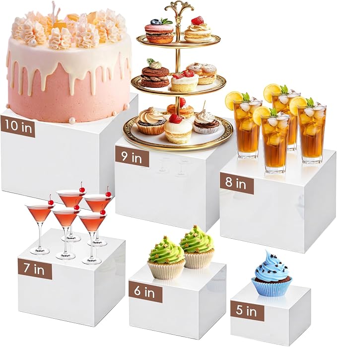6Pcs White Buffet Risers Set (Size 5",6",7",8",9",10"),Food Risers for Buffet Table Display Stand Shelf for Party Catering Dessert Collectibles Acrylic Cube Boxes Display with Hollow Bottoms