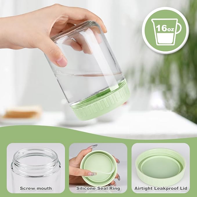 SHOWIN Overnight Oats Containers with Lids, 16oz Glass Jars with Lids 8 pcs, Light Green, Wide Mouth Mason jars for Salad, Yogurt, Snacks, Meal Prep