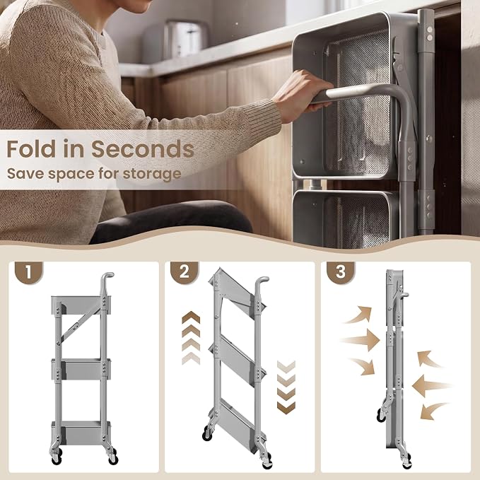 Foldable 3 Tier Metal Utility Rolling Cart, Folding Mobile Multi-Function Storage Trolley Organizer Cart for Home Library Office(Grey)