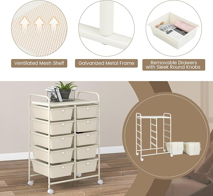 COSTWAY 10 Drawer Rolling Storage Cart, Utility Cart with Lockable Wheels | Mobile Art Supply Craft Organizer with Metal Frame, Multipurpose Drawer Cart for Paper for Office, School, White
