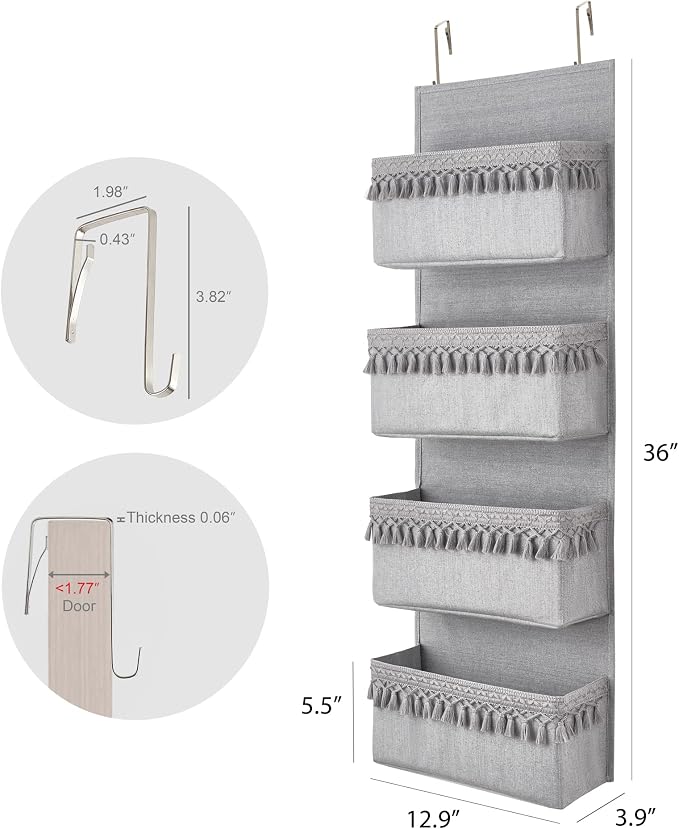 Dahey Over The Door Organizer Boho Nursery Storage Decor Closet Hanging Organizer with Tassels Decoration for Bedroom Nursery Bathroom Apartments Dorm Pantry, 4 Pockets, Grey