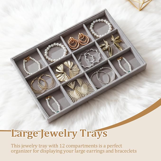 Large Jewelry Organizer for Drawer Insert Velvet Stackable Jewelry Trays for Earring Necklace Bracelet Ring Display (Gray, 12 Grids)