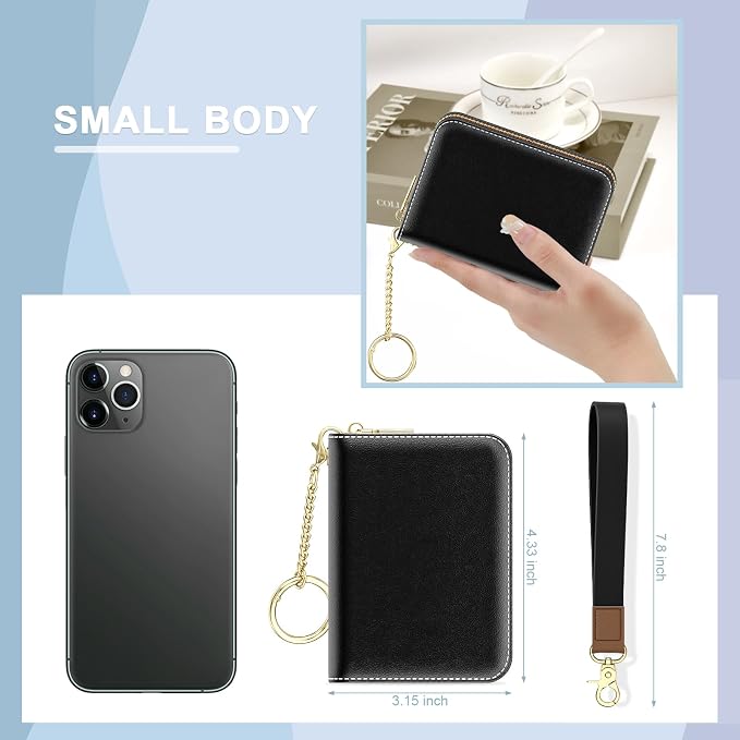 Aiawoxc Credit Card Holder, Small RFID Wallet Slim Leather Card Organizer Case with Zipper and Wristlet Strap, Black