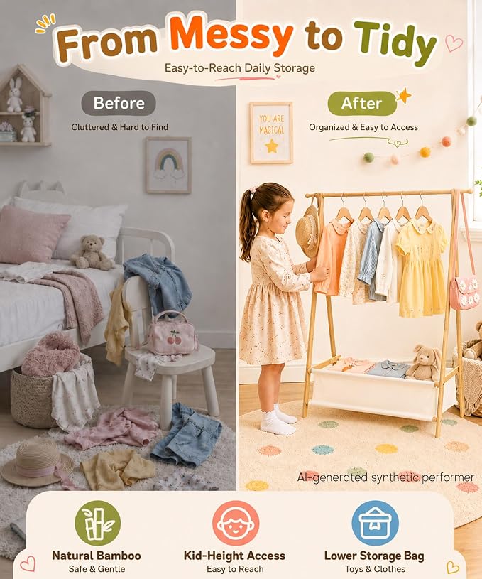 Homde Sturdy Kids Clothes Rack: 66 lb Capacity for Growing Wardrobe Needs | Hanging Rod Holds Clothes, Basket Stores Items Below - Helps Kids Build Tidy Habits - Angled Bamboo Side Frames Add Stability