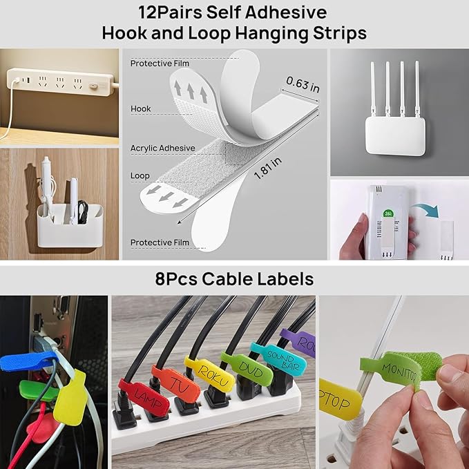 Cable Management Kit - 4 Cable Sleeve, 57 Self Adhesive Cable Clips, 12 Hanging Strips, 12 Cable Organizer Straps and 100 Fastening Cable Ties for TV Computer Under Desk (Black and White)