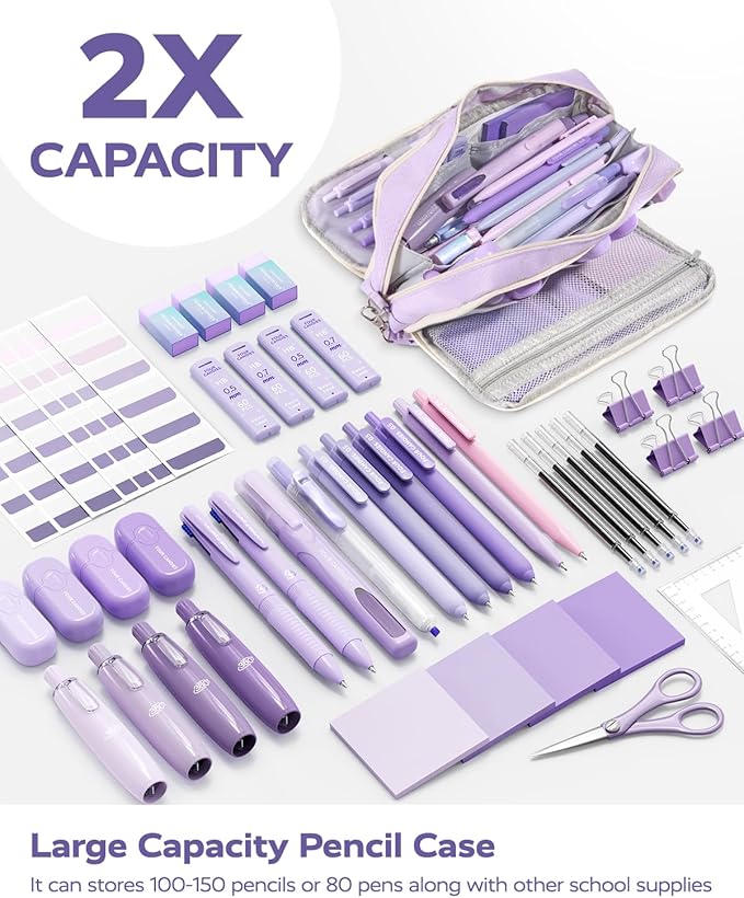 Four Candies Purple School Supplies, Gel Pens with Black Ink,Correction Tapes,Pastel Highlighters, Mechanical Pencils, Sticky Notes, Index Post for Bible Study Stationary College Essentials