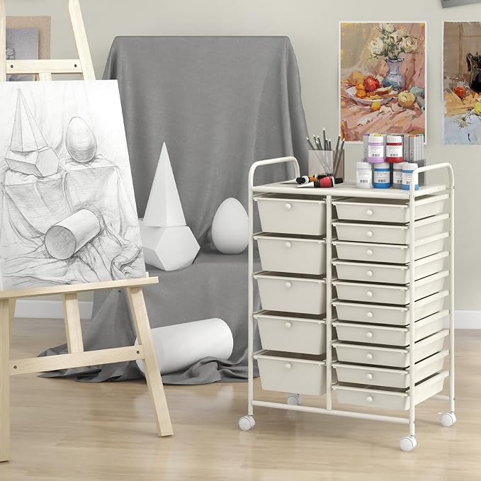 RELAX4LIFE 15-Drawer Storage Drawer Carts - Mobile Rolling Utility Cart w/Wheels, Craft Organizer for Classroom Organization and Storage, School, Office, Home, Storage Organizer Cart (White)