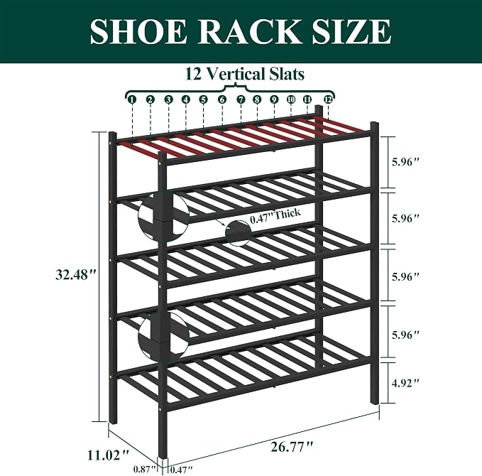 Smiry Bamboo Shoe Rack, 5 Tier Free Standing Wooden Shoe Organizer, Stackable Wood Shoe Storage Shelf for Closet, Entryway, 12 Vertical Slats, 2+2+1 Stack Standard Legs, 26.8"x11"x32.5", Black