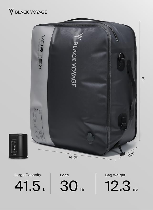 Black Voyage Reusable Vacuum Compression Travel Bag for Carry-On Suitcase and Backpack, Recycled IPX8 Waterproof Space Saver Vacpack (2-Pack, 41L - Pump Included)