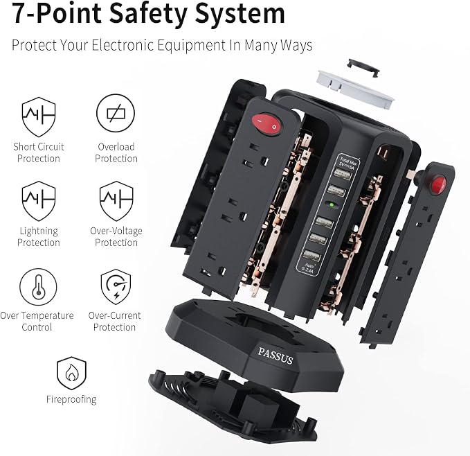 Surge Protector Power Strip with 10FT Cord 1625W|13A, Power Tower with 5 USB Ports and Night Light, PASSUS Outlet Tower with 12 AC Outlets Overload Protection for Home Office DormRoom (Black-13A)