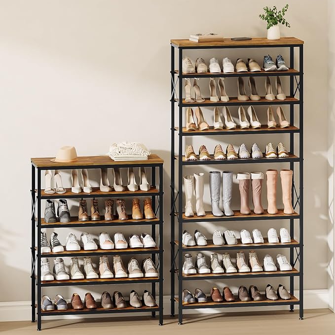 YATINEY 10-Tier Tall Shoe Rack Organizer, Wooden Shoe Storage for Closet Holds 40 Pairs, Sturdy Shoe Shelf with X-Shaped Metal Support, for Entryway, Bedroom, Rustic Brown and Black SS210BR