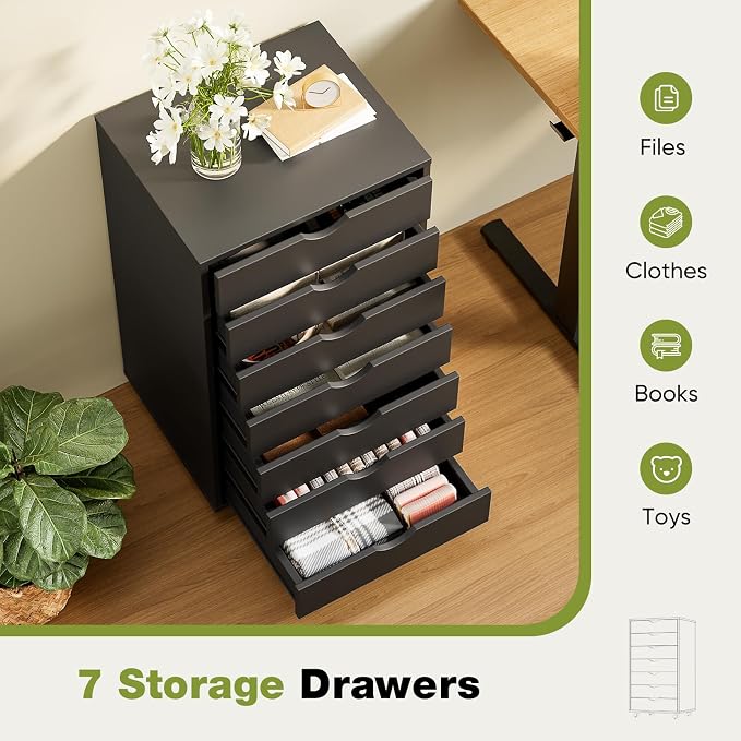 Sweetcrispy 7 Drawer Storage Cabinet, Rolling Wood Under Desk Drawer with Wheels, Small Mobile Organizer Dresser Chest for Home Office, Bedroom, Rolling Vertical Organizer for Home Office, Dark