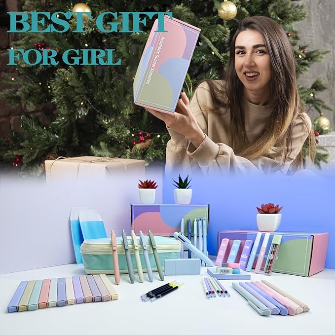 54pcs Aesthetic School Supplies Cute Stationary Set with Pencil Case 12 Highlighters, 5 Black & 6 Color Ink Gel Pens, 6-in-1 Ballpoint Pen,5 Mechanical Pencils 0.5-2.0mm for College Essentials (Blue)