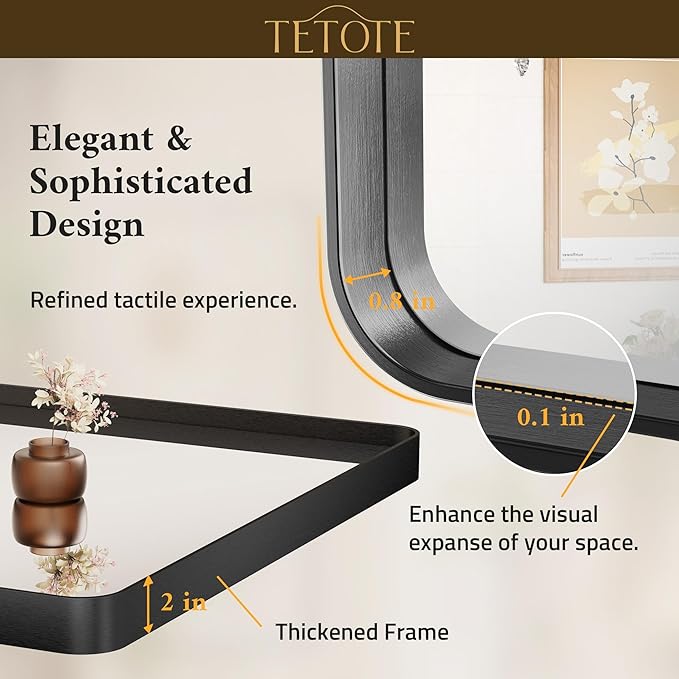 TETOTE 60 x 36 Inch Bathroom Mirror, Matte Black Metal Frame Modern Farmhouse Decorative Rectangle Wall Mirror for Double Vanity (Horizontal/Vertical)