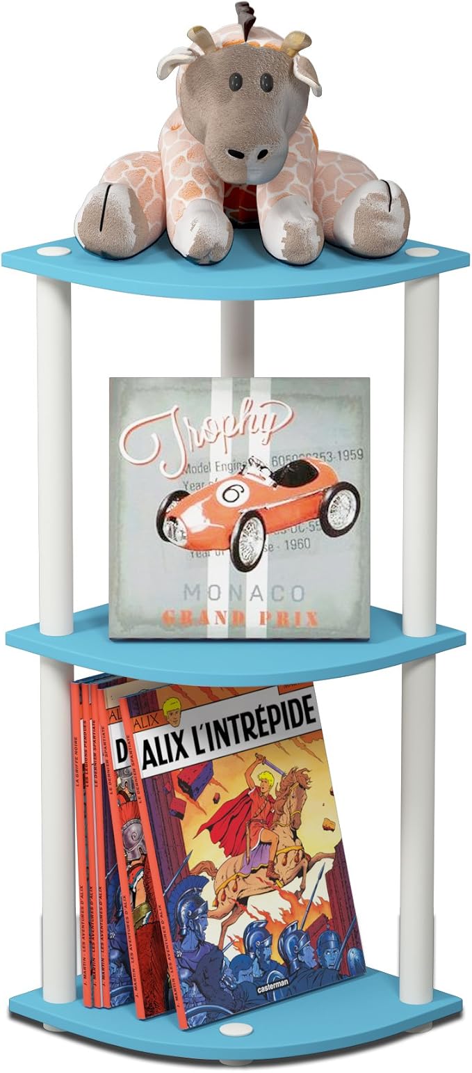 Furinno Turn-N-Tube Toolless Assembly 3-Tier Corner Shelf, Blue Corner Book Shelf, Open Shelves Bookshelf, for Organization and Storage, Living Room, Home Office, Bedroom, Soft Blue