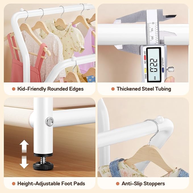 Kids Clothing Rack with Double Hanging Rods and Storage Basket | Child-Height Dress Up Storage for Toddler, Open Kids Closet for Baby Clothes, Costumes, Shoes and Toy, Bedroom Nursery
