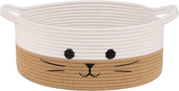 Cat Toy Basket, 13.8" x 6" Woven Baby Basket for Living Room, Medium Gift Baskets Empty, Cotton Rope Basket for Cat Bed Nursery Organizer, White & Jute
