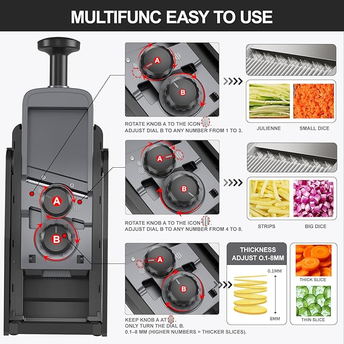 QYKIC Upgrade Safe Mandoline Slicer,Vegetable Chopper,Potato Slicer, Onion Chopper with Drain Basket Storage Container, Cheese Grater Kitchen Chopping Artifact (DeepBlack)