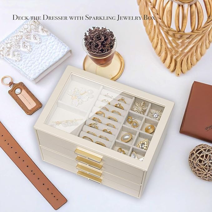 VLANDO 4-Drawer Jewelry Box with Glass Lid, Faux Leather Organizer for Rings Earrings Necklaces and More, Gift-Ready Jewelry Case for Women Girls or Moms, Beige