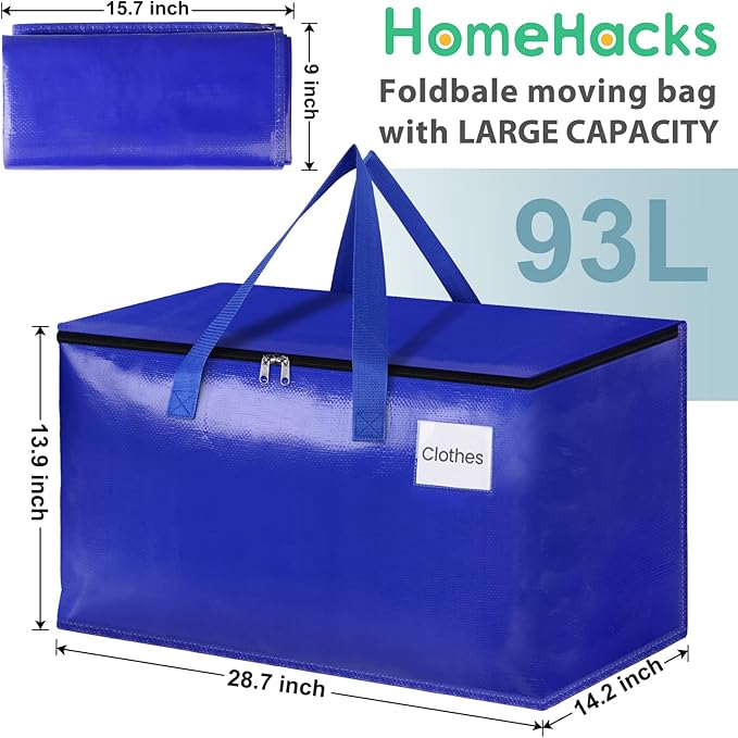 HomeHacks Moving Bags Heavy Duty with Strong Zippers and Handles Collapsible Moving Supplies, Storage Totes for Packing & Moving Storing 93L,6-Pack, Blue