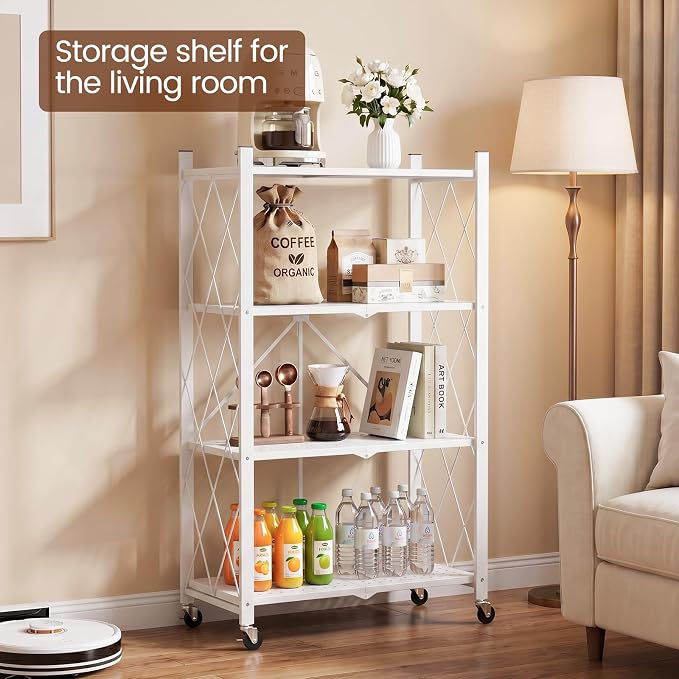 ALANNG 4 Tier Folding Storage Shelf on Wheels,Heavy Duty Metal Rolling Cart | 264 lbs Capacity, No Tools Assembly, Folds to 3.9", Lockable Casters, Portable for Kitchen Laundry Garage