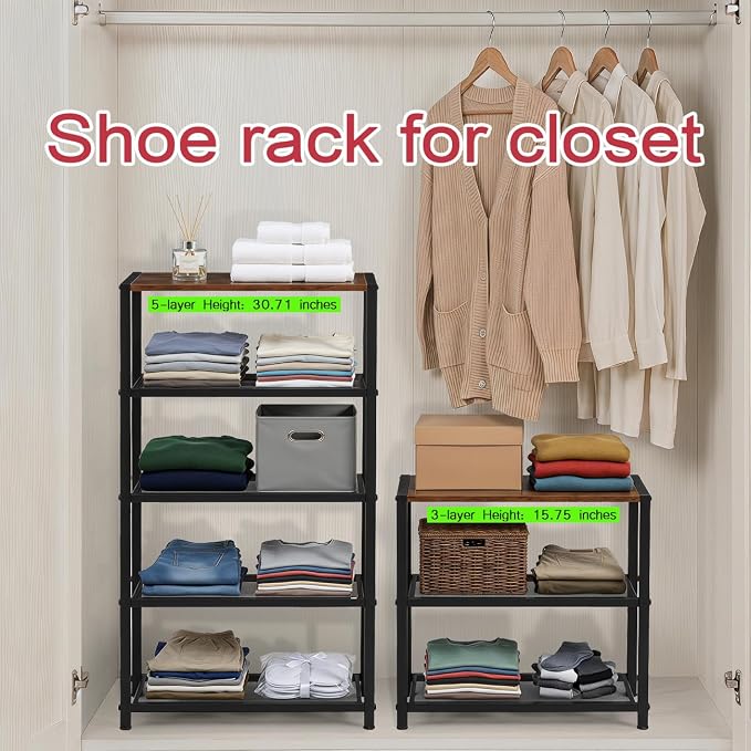 Small Narrow Shoe Rack for Entryway, 3-Tier Metal Wood Shoe Shelf | Shoe Storage Organizer, Holds 6 Pairs, Wooden Table Top, Mesh Shelves, for Front Door Entrance Closet Floor Hallway Bedroom