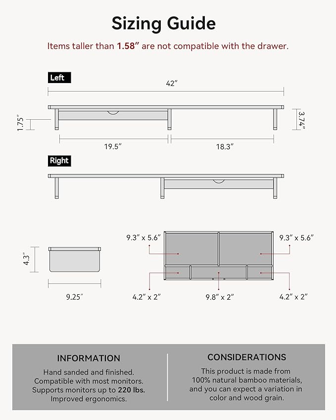 42” Monitor Stand with Large Drawer Keyboard Storage,Bamboo | Dual Computer Monitor Riser Shelf for 55-72 Inch Desk Aesthetic Workplace Computer Setup Desktop Organizer Easy Assembly