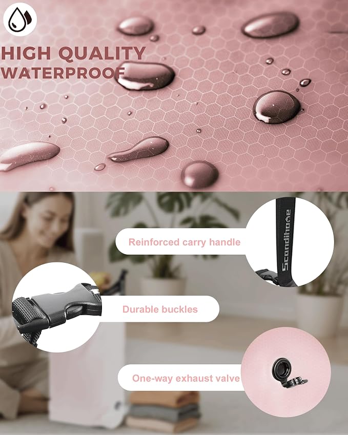 Travel Compression Laundry Bag, Pump-Free Vacuum Space Saver Bag for Dirty Clothes, Reusable Waterproof Wet Dry Bag, Travel Laundry Bag for Luggage, Packing, Suitcase (1 Pcs)（Pink, M)