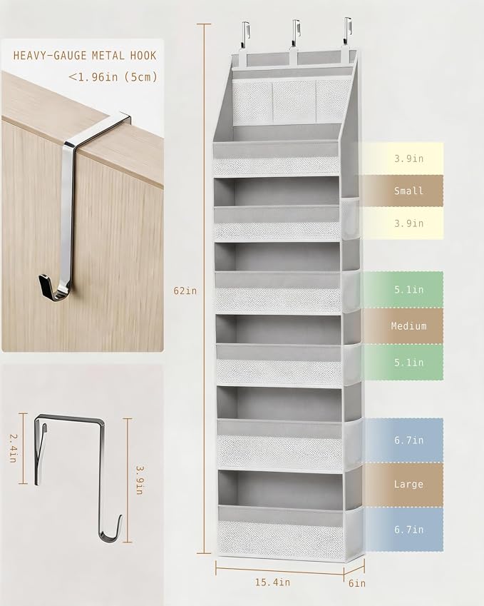 KMSCO Over The Door Organizer, 6 Large Pockets + 13 Mesh Side Pockets, Hanging Storage, 55lbs Capacity, Heavy Duty Non-Woven Fabric for Baby Nursery, Bathroom, Pantry, Closet, Grey, 2 Pack