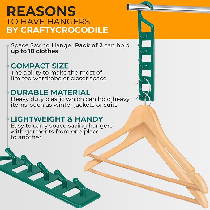 CraftyCrocodile Space Saving Hangers for Clothes - 2 in Pack, Heavy Duty Plastic, Multi Closet Space Savers for Shirts, Pants, Jeans, Sweaters - Hanger Organizer Space Saver