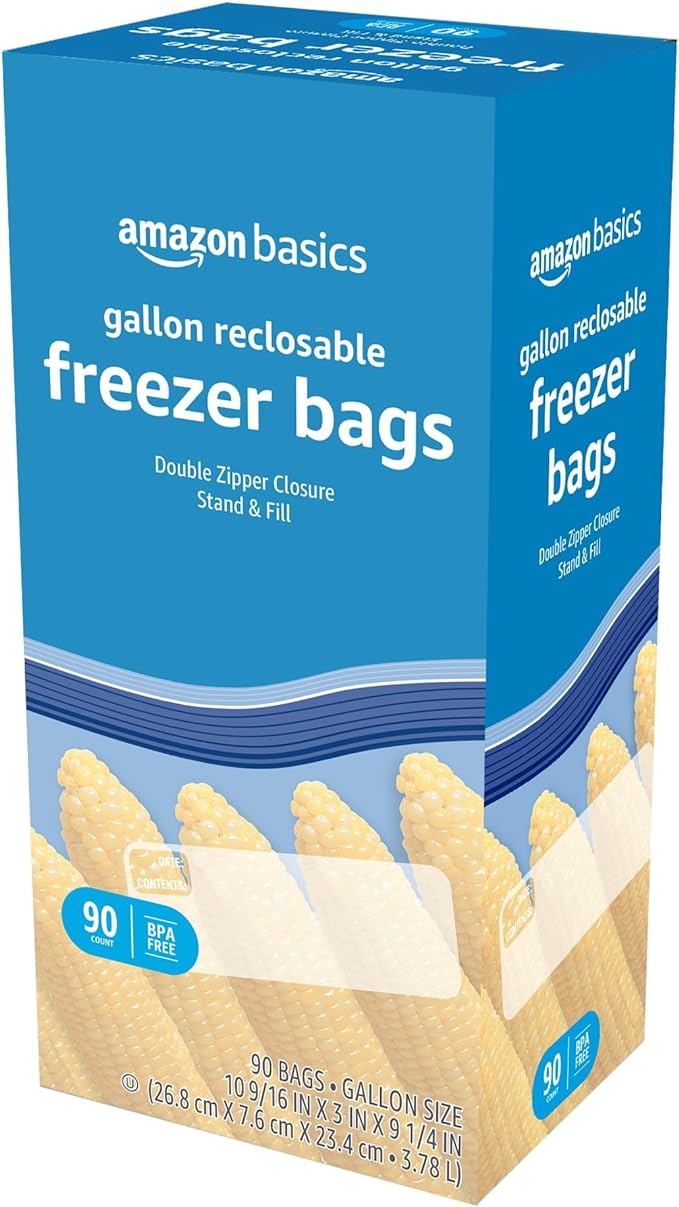 Amazon Basics Freezer Gallon Bags | Stand & Fill Base | 90 Count | Pack of 2