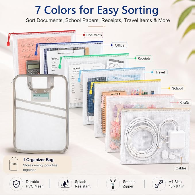 7 Pack PVC Mesh Zipper Pouch Set with 1 Organizer Bag A4/Letter Size Translucent File Bags Water-Resistant Plastic Document Pouches for Office College School & Travel Supplies (8pcs)