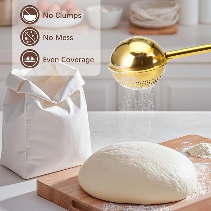 HULISEN Flour Duster, 304 Stainless Steel Flour Sifter for Baking, Gold | Spring-Press Handle, Dishwasher Safe, For Flour, Powdered Sugar, Fine Spices, Pick Up and Dust Flour Sifter, Gift Package
