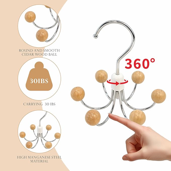 Sweatshirt Hangers with 6 Cedar Balls, Purse Hanger, Scarf Hanger, Wooden Closet Hooks, Handbag Organizer, Bra Hanger, Accessory Organizers for Scarf, Tanktop, Hat, Hoodie-Wood Color(1 Pack)