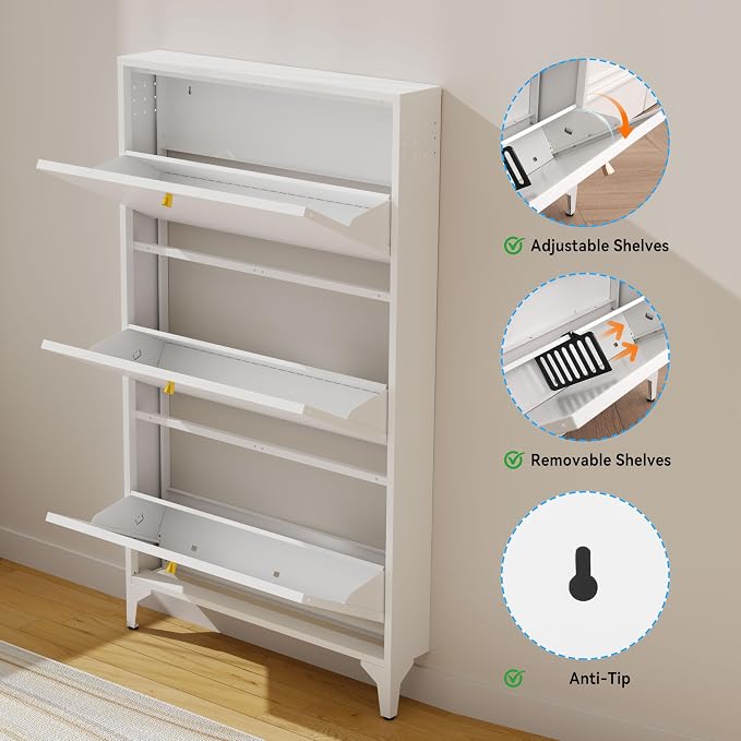 Freestanding Shoe Cabinet with 3 Flip Drawers-Metal Narrow Shoe Rack for Entryway,Hallway,Living Room-Hidden Metal Shoe Cabinet (3 Door, White)