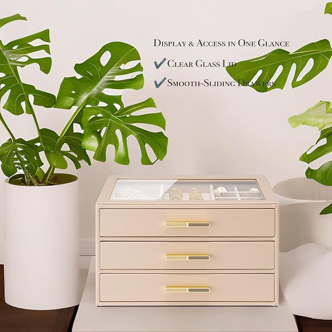 VLANDO 3-Drawer Jewelry Box with Glass Lid, Faux Leather Organizer for Rings Earrings Necklaces and More, Gift-Ready Jewelry Case for Women Girls or Moms, Latte