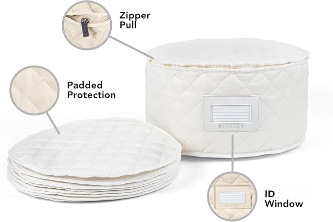 Covermates Keepsakes Dish Storage Case – Padded China & Dinnerware Organizer, Quilted Polyester Protection, ID Window, Zipper Closure, Machine Washable, Cream