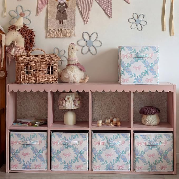 Geelin 6 Pcs Blue Floral Bow Cube Storage Bins 11 Inch Blue Flower Storage Basket with Handle, Preppy Girls Organizer Basket, Collapsible Fabric Box for Classroom Bedrooms Office Home Decoration Gift