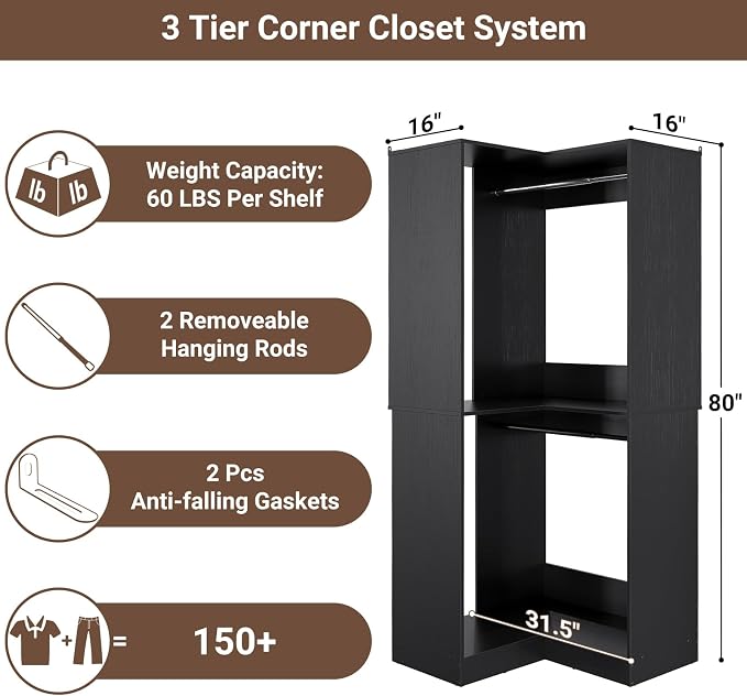 Armocity Corner Closet System, 32 Inches Wide Wood Corner Unit with 2 Hanging Rods and All Hardware Kits, 3-Tier 80'' Height Corner Wood Closet Tower, Black