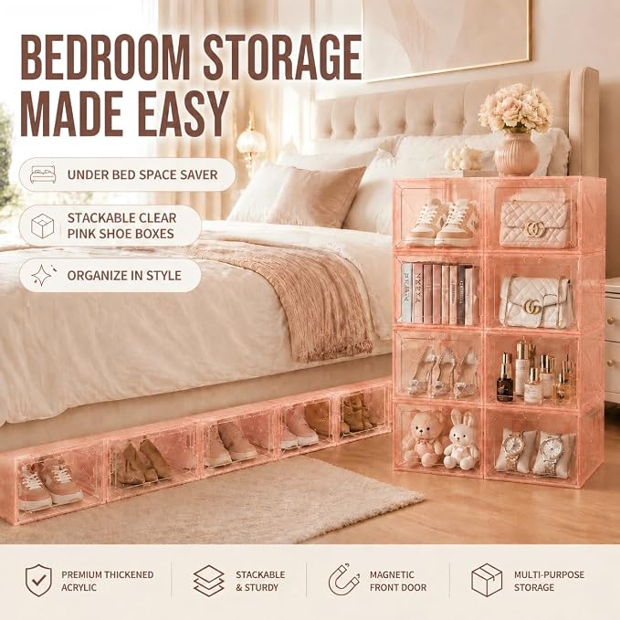 Translucent Pink Shoe Storage Box, 2026 2nd Gen Thickened Hard Plastic Stackable Organizer with Magnetic Door, Folding Shoe Rack for Closet, Decorative Sneaker Display Case, 1 Pack