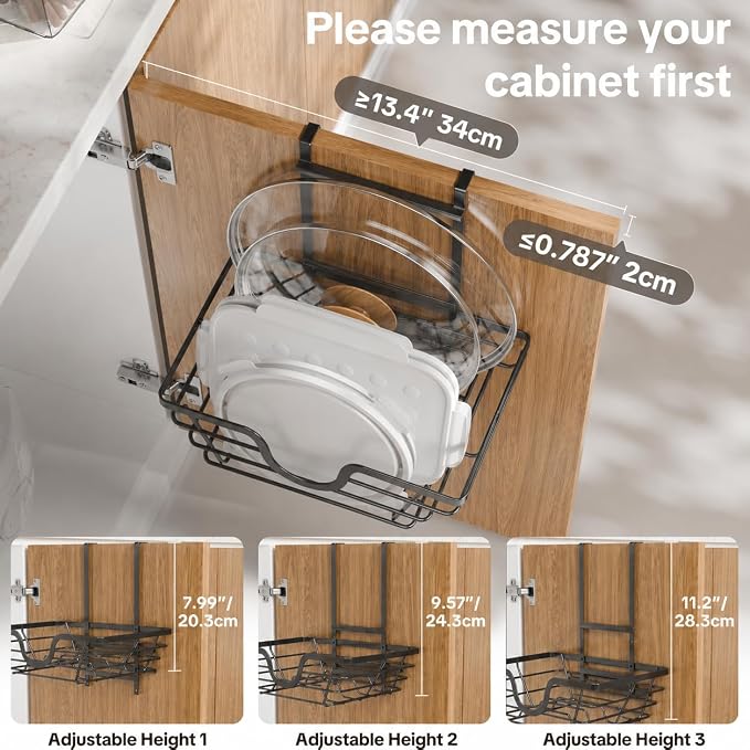 TIDIIABODE Pot Lid Organizer, Adjustable Kitchen Pot Lid Holder Inside Cabinet, Kitchen Cabinet Organizer Hanging for Food Storage Container, Pot, Pan Lid & Bakeware, Black, Small