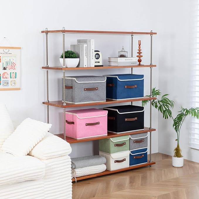 Collapsible Storage Boxes Baskets with Lid Cotton Linen Fabric Storage Bins with Faux Leather Handles Decorative Washable Cube Organizer Container for Home Closet Bedroom (Green, Small Size)