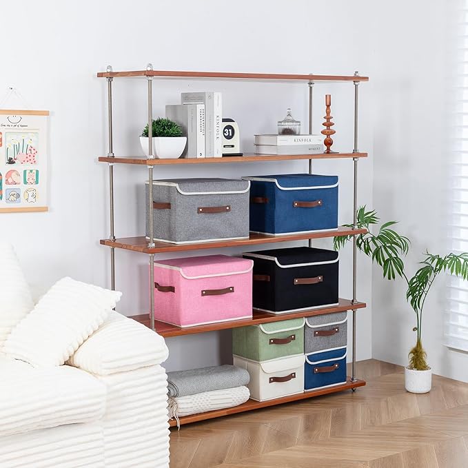 Collapsible Storage Boxes Baskets with Lid Cotton Linen Fabric Storage Bins with Faux Leather Handles Decorative Washable Cube Organizer Container for Home Closet Bedroom (Blue, Small Size)