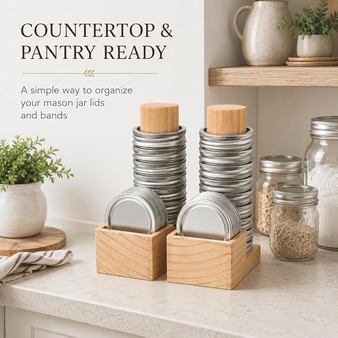 Mason Jar Lid Organizer, 2 Pack Wood Holder for Regular & Wide Mouth | Solid Pine Wood, 2-Pack Set, Regular & Wide Mouth, Holds 26 Rings & 44 Lids, Space-Saving Storage