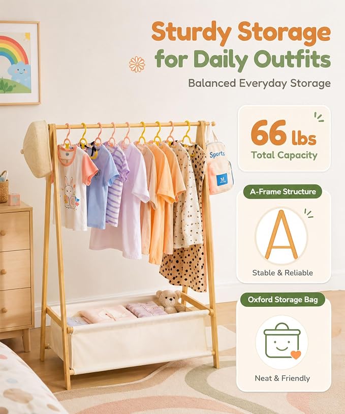 Homde Sturdy Kids Clothes Rack: 66 lb Capacity for Growing Wardrobe Needs | Hanging Rod Holds Clothes, Basket Stores Items Below - Helps Kids Build Tidy Habits - Angled Bamboo Side Frames Add Stability