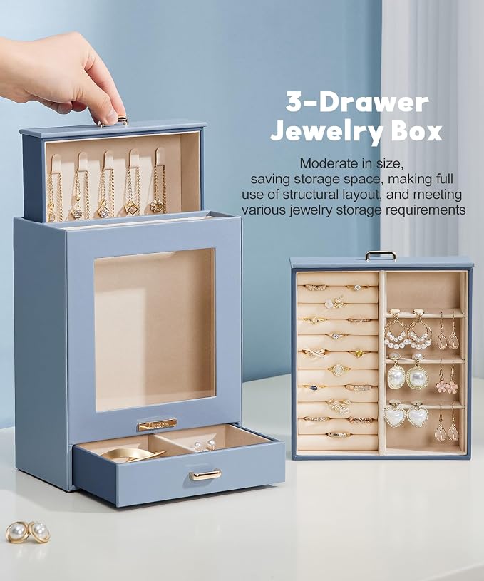 Homde Display Jewelry Box for Girls: Starter Organizer with Clear Window | Vertical Drawers for Earrings Rings Necklaces - Compact Footprint Fits Small Vanities - Birthday&Graduation Gift for Teens