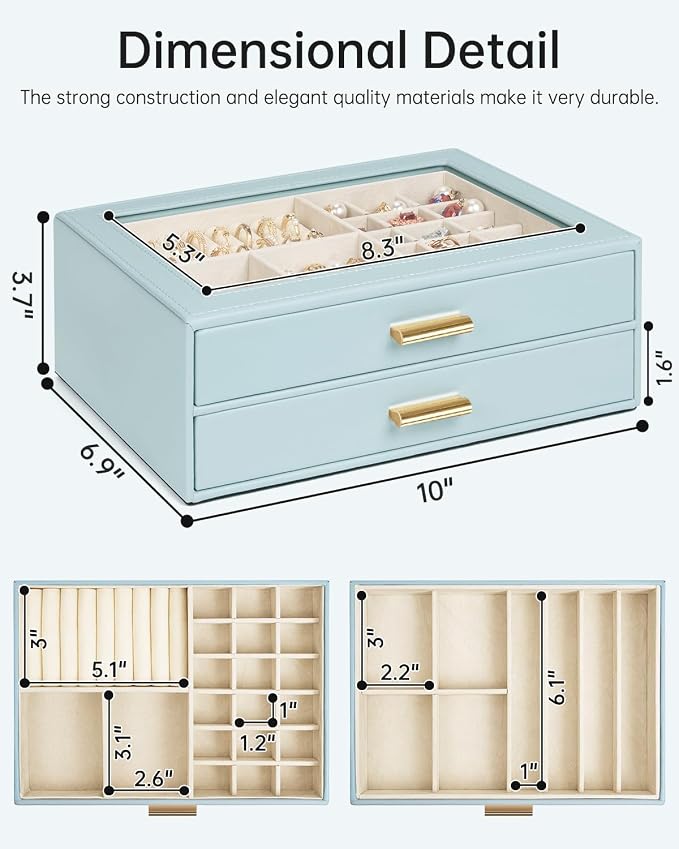 AKOZLIN Jewelry Box with Clear Lid Functional Leather Jewelry Storage Organizer Case 2 Drawers for Women Girls Necklace Ring Bracelet Earring